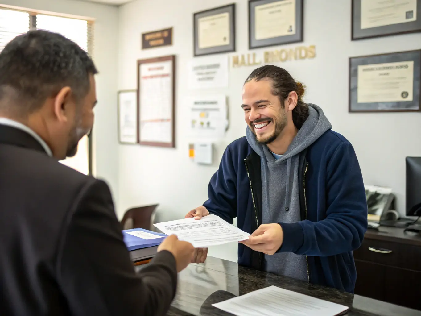 An image of a smiling bail bond agent handing over paperwork to a relieved client in front of a courthouse, representing state bail bonds.