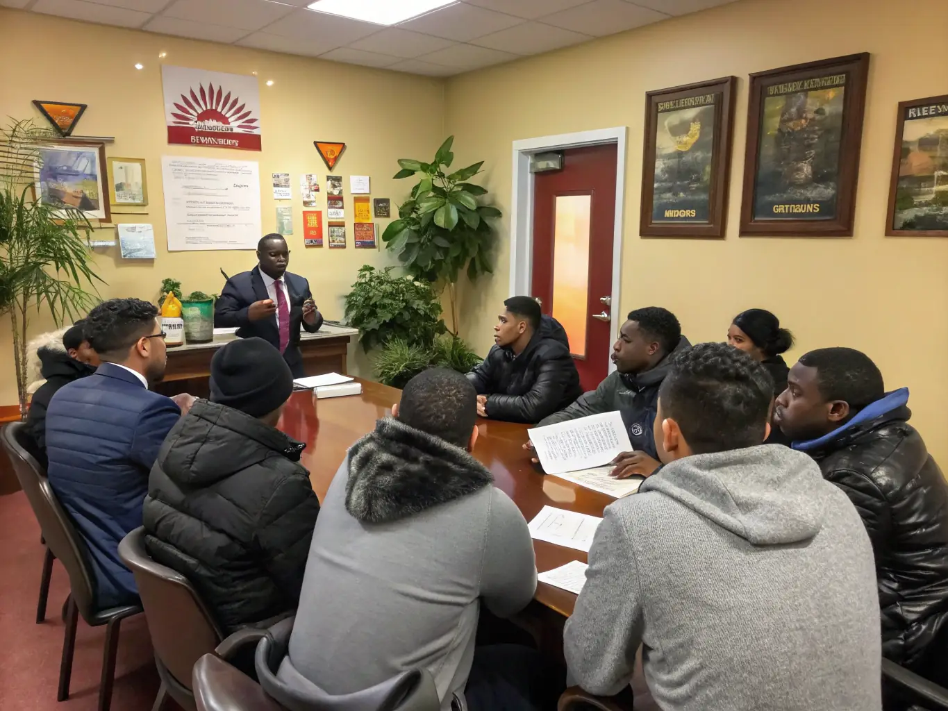 An image of a diverse group of clients consulting with an agent, with immigration court visuals behind them, representing immigration bonds.