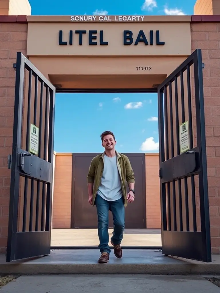 A person being released from jail after FastFloridaBonds has posted their bail, with a sense of relief and gratitude.