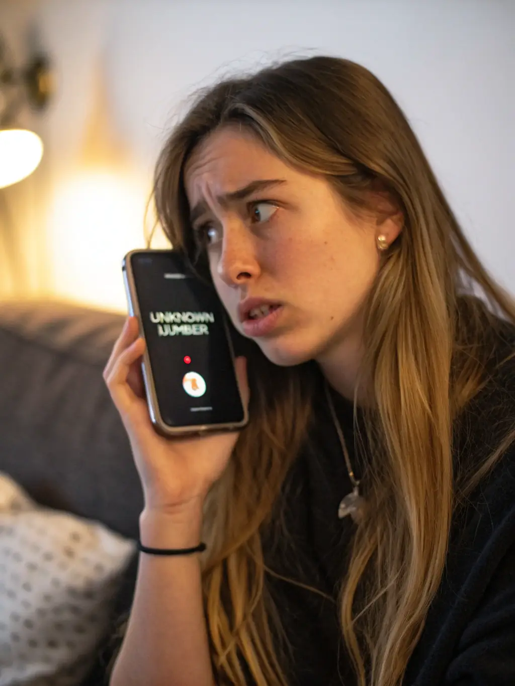 A person making an initial phone call to FastFloridaBonds, seeking information about bail bond services, with a concerned expression.